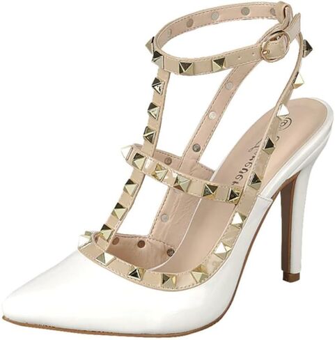 Forever Shoes Women Stiletto High Heels Pointy Toe Pumps Pumps Coleds Strap Two Tone Biege Gold Accent-03 in Kuwait