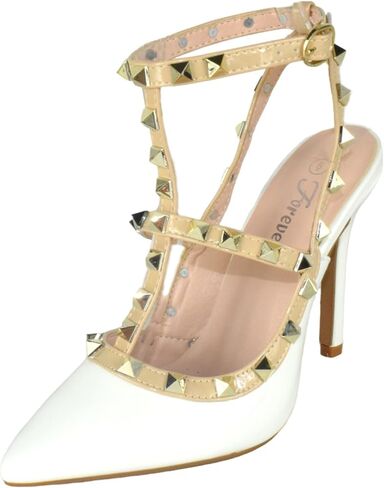 Forever Shoes Women Stiletto High Heels Pointy Toe Pumps Pumps Coleds Strap Two Tone Biege Gold Accent-03 in Kuwait