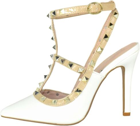 Forever Shoes Women Stiletto High Heels Pointy Toe Pumps Pumps Coleds Strap Two Tone Biege Gold Accent-03 in Kuwait