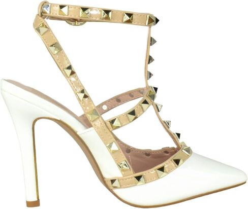 Forever Shoes Women Stiletto High Heels Pointy Toe Pumps Pumps Coleds Strap Two Tone Biege Gold Accent-03 in Kuwait
