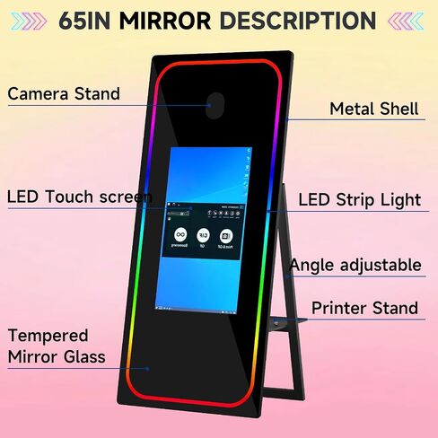 Magic Mirror Photo Booth with Touch Screen Movable Mirror Photobooth Machine with Flight Case for Events Parties Wedding Rental (Black 65-32in Mirror Photo Booth) in Saudi Arabia