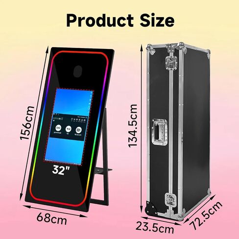 Magic Mirror Photo Booth with Touch Screen Movable Mirror Photobooth Machine with Flight Case for Events Parties Wedding Rental (Black 65-32in Mirror Photo Booth) in Saudi Arabia