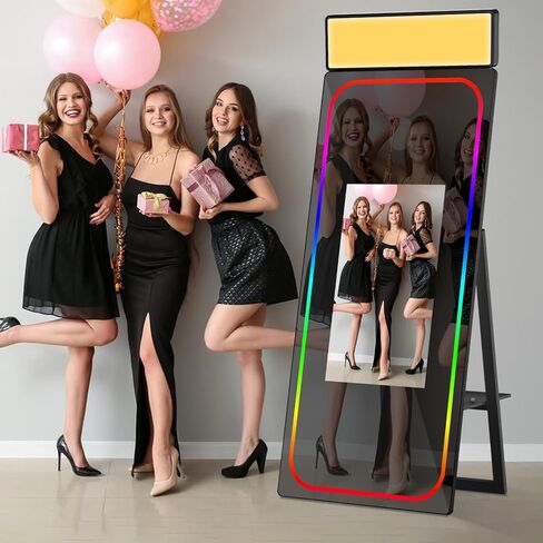 Magic Mirror Photo Booth with Touch Screen Movable Mirror Photobooth Machine with Flight Case for Events Parties Wedding Rental (Black 65-32in Mirror Photo Booth) in Saudi Arabia