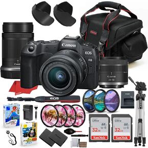 كاميرا Canon EOS R8 بدون مرآة مع حزمة عدسة من 24 إلى 50 مم و 55-210 مم + حزمة ملحقات برايم بما في ذلك ذاكرة 64 جيجابايت ، مرشحات ، إغلاق الماكرو ، ترايبود ، حالة ، برنامج وأكثر (35 عنصرًا) (متجدد)