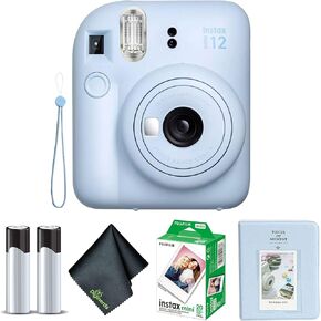 FUJIFILM Instax Mini 12 Camera Camera Bundle Blue Bundle مع Fuji Instax Mini Film Pack (20 ورقة) + ألبوم صور + قطعة قماش تنظيف ميكروفيات