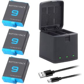 3-Pack Hero 9 Batteries for Hero 12, Hero 11, Hero 10, Hero 9 Black Sport Action Camera with 3 Channel Battery Charging Station Power Fast Portable Accessory High Capacity