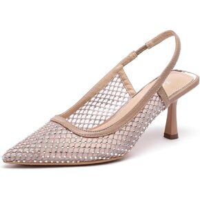 Lryweisy Mesh Heels for Women Glitter Kitten Heel with Rhinestone Slingback