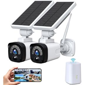 2.5K Solar Wireless Security Camera Outdoor System with Wireless Base Station, Night Vision, Motion Detection, 2-Way Audio, APP Remote, IP65 Waterproof, 2PCS