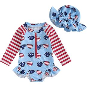 Toddler Baby Girl 4th of July Swimsuit Rash Guard Stars Bow Long Sleeve Zipper Bathing Suit One Piece Swimwear