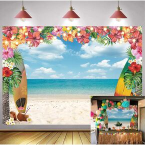 Summer Hawaiian Beach Backdrop Sky Ocean Tropical Palm Flower Surfboard Glitter Photography Background Baby Shower Aldult Kids Birthday Party Decoration Booth Props 7x5FT