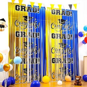 2 Pack Blue and Gold Graduation Decorations 2025 Graduation Backdrops 3.3 x 6.6 ft Foil Fringe Curtains Tinsel Backdrops for Senior High School College University Party