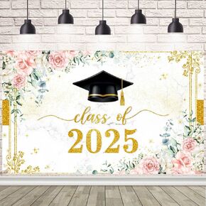 7x5ft Graduation Backdrop Class of 2025 Graduation Backdground Floral Gold Glitter Congratulations Grad Party Decor Supplies Banner Photobooth Portrait Studio Props
