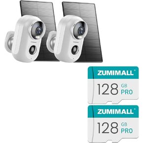 ZUMIMALL Solar Security Cameras Wireless Outdoor, 2Packs, Solar Camera Outdoor Wireless, 2.4G WiFi Battery Camera, 128GB SD Card Double