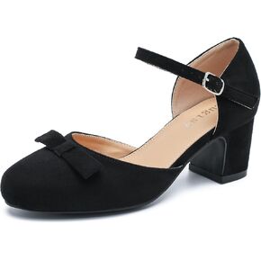 Women's Chunky Heels Pumps Bow Closed Toe Ankle Strap Pumps Low Block Heel Elegant Wedding Party Dress Shoes