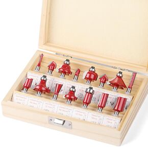 Router Bits Sets - 15PCS 1/4" Woodwork Tools Beginners,Tungsten Carbide Router Bits for Wood, Woodworking, DIY, Straight, Dovetail, Chamfer, Ogee Carrying Case (15PCS, Red, 1/4" Shank)
