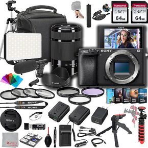 Sony a6400 Mirrorless Camera with 55-210mm Lens, 128GB Memory,Microphone, 120LED Video Light, Tripod, Filters, Hood, Grip,Spare Battery & Charger, Video & Photo Editing Software Kit -Deluxe Bundle
