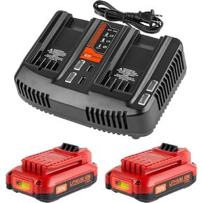 2Packs 20V 3.5Ah Lithium Battery and Charger Kit Replacement for Craftsman V20 Battery CMCB204 CMCB202 CMCB209 CMCB205 Compatible with Craftsman 20V Battery and Dual Port Charger Set CMCB124