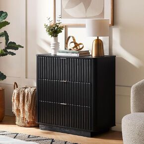 Mopio Brooklyn 3 Drawer Dresser لغرفة النوم ، في منتصف القرن ، صدر من الأدراج الحديثة ، والخشب طويل القامة ، وطاولة جانبية مزدهر الموجة ، والسلامة المحسّنة ، ASTM F2057-23 متوافق متين (البلوط)