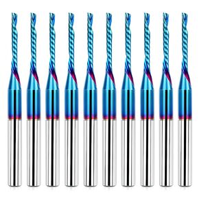 CNC Router Bits 1/8 inch Shank 1/16'' Cutting Dia O Flute Downcut Spiral Router Bits End Mills, 10PCS 1/8 Carbide CNC Bits Blue Coated, Single Flute Spiral Bits Milling Bit for Wood PVC Engraving
