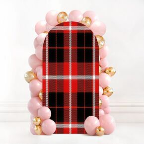 7.2FT Wedding Arch Backdrop Cover Red Black White Tartan Seamless Spandex Fitted Round Top Arch Stand Covers for Birthday Party Baby Shower Banquet Decoration