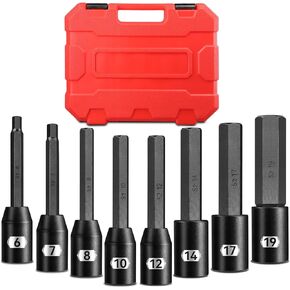 1/2" Drive Impact Allen Socket Set, 8 Piece Extra Long Metric 6-19mm Hex Socket Set, S2 & Cr-Mo Steel with Size-marked & Heavy Duty Storage Case for Automotive Repair and Mechanical Maintenance