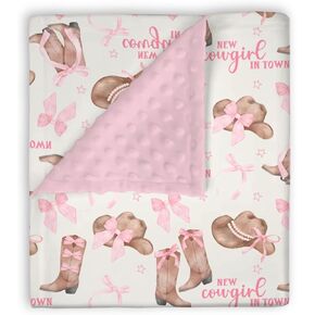 Mink Baby Girl Blanket Western New Cowgirl in Town, Pink Bow Ribbon Boot Hat Soft Double Layer Dotted Backing Receiving Swaddle, Newborn Infant Toddler Nursery Crib Bedding Shower Gift 30 x 40
