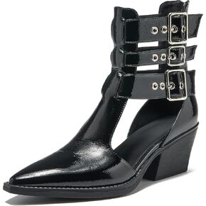 Women's Buckle Strap Ankle Boots Cutout Pointed Toe Chunky Block Heel Sandals with Zipper Dressy Summer