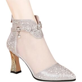 Women's Chunky Heeled Sandals, Pointed Toe Contrast Mesh Breathable High Heels, Women's Zip Back Boots