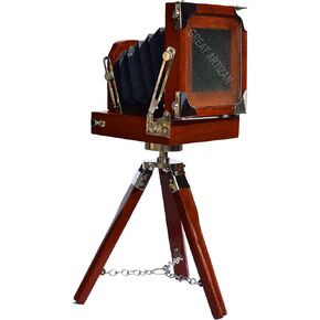 Antique Film Tripod Camera With Wooden Stand. Vintage Brown Wooden Old Retro Projector Camera for Home, Office & Living Room Decorations.