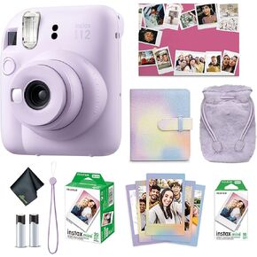 Fujifilm Instax Mini 12 كاميرا فورية Lilac Purple Holiday Bundle 2024 مع حزمة فوجي Instax Mini Film Pack (20 ورقة) + قطعة قماش تنظيف الألياف الدقيقة