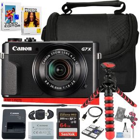 Canon PowerShot G7 X Mark II Digital Camera (Black) Bundle with 64GB Memory Card + Camera Case + Card Reader + Spider Tripod + More (11pc Bundle) (Renewed)