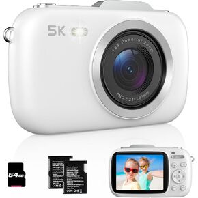 Digital Camera, UHD 5K 80MP Point and Shoot Digital Cameras with 18X Digital Zoom, 64GB TF Card, Compact Small Camera for Kids (White)