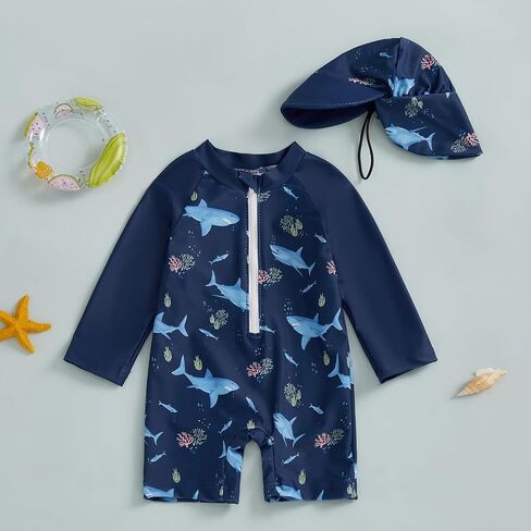 Toddler Boy One Piece Zip Swimwear UPF 50+ Sun Protection One Piece Zipper Bathing Suit Rash Guard Sunsuit with Hat in Kuwait