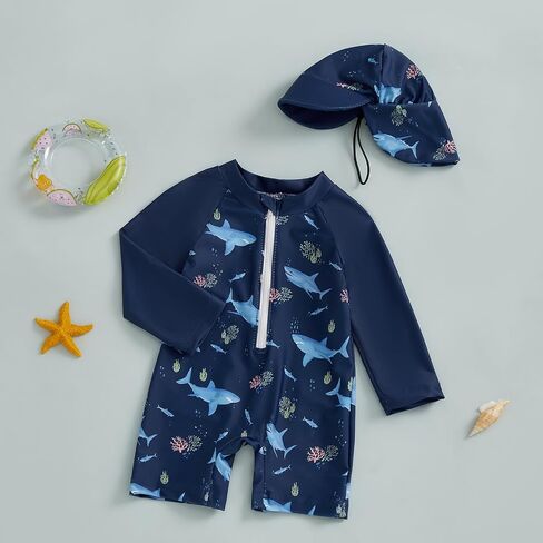 Toddler Boy One Piece Zip Swimwear UPF 50+ Sun Protection One Piece Zipper Bathing Suit Rash Guard Sunsuit with Hat in Kuwait