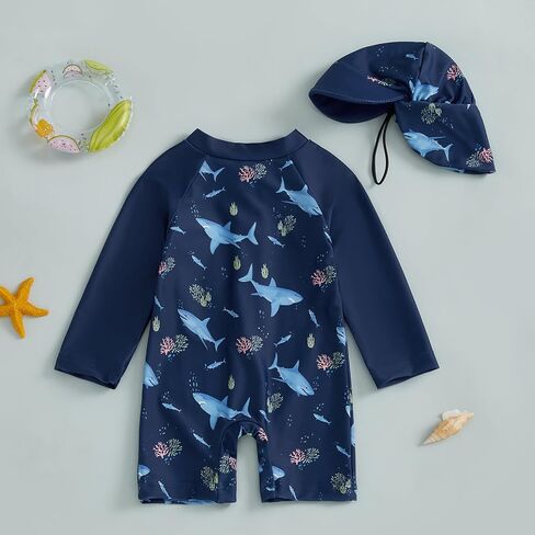 Toddler Boy One Piece Zip Swimwear UPF 50+ Sun Protection One Piece Zipper Bathing Suit Rash Guard Sunsuit with Hat in Kuwait