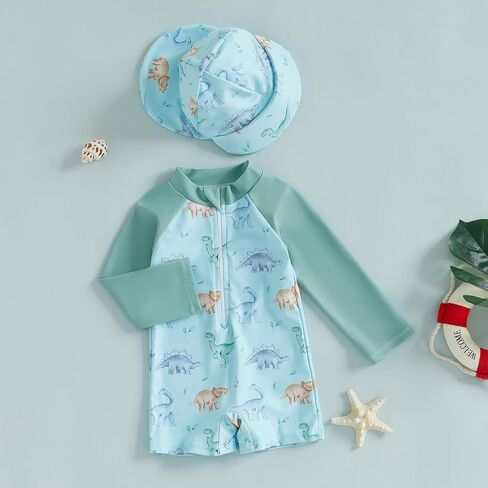 Toddler Boy One Piece Zip Swimwear UPF 50+ Sun Protection One Piece Zipper Bathing Suit Rash Guard Sunsuit with Hat in Kuwait