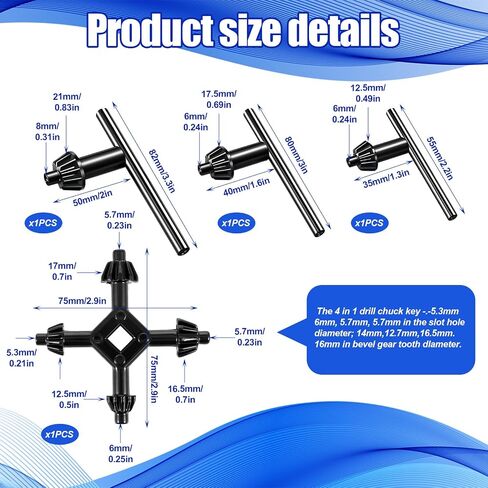 4pcs مجموعة مفاتيح مفتاح الحفر ، 3/8 "1/2" 5/8 "و 4 في 1 تدريبات اضغط على استبدال مفاتيح تشاك ، مفتاح بتات الصلب الكربوني لأداة تثبيت الحفر الكهربائية من 10 مم ، 13 مم ، قطرها 16 مم ، قطرها in Kuwait