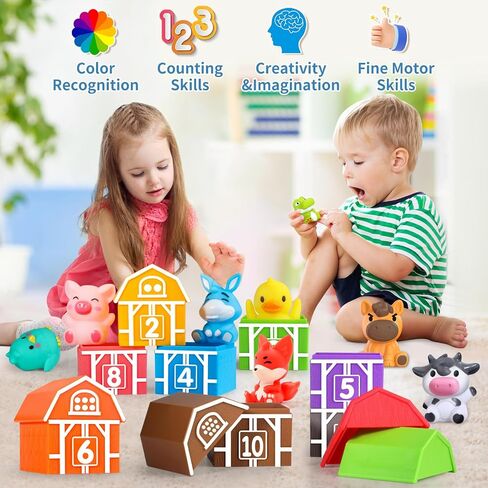 Oriate Farm Animal Learning Toys for Toddlers 1,2,3 Year Old, 20Pcs Farm Animals Montessori Toy for Counting Sorting Color Recognition & Matching, Finger Puppets & Stacking Toys 12M+ in Saudi Arabia