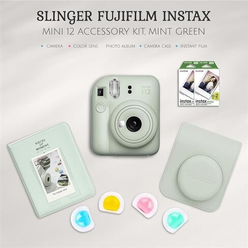 Fujifilm Instax Mini 12 كاميرا فيلم فورية ، حزمة Mint Green مع حالة مخصصة Instax Mini ، مجموعة ملحقات وضوء النهار ، 2x Twin Pack (40 تعريضًا) ISO 800 in Saudi Arabia