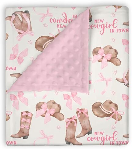 Mink Baby Girl Blanket Western New Cowgirl in Town, Pink Bow Ribbon Boot Hat Soft Double Layer Dotted Backing Receiving Swaddle, Newborn Infant Toddler Nursery Crib Bedding Shower Gift 30 x 40 in Kuwait