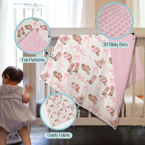 Mink Baby Girl Blanket Western New Cowgirl in Town, Pink Bow Ribbon Boot Hat Soft Double Layer Dotted Backing Receiving Swaddle, Newborn Infant Toddler Nursery Crib Bedding Shower Gift 30 x 40 in Kuwait