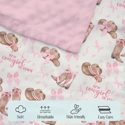 Mink Baby Girl Blanket Western New Cowgirl in Town, Pink Bow Ribbon Boot Hat Soft Double Layer Dotted Backing Receiving Swaddle, Newborn Infant Toddler Nursery Crib Bedding Shower Gift 30 x 40 in Kuwait