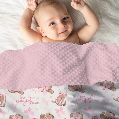 Mink Baby Girl Blanket Western New Cowgirl in Town, Pink Bow Ribbon Boot Hat Soft Double Layer Dotted Backing Receiving Swaddle, Newborn Infant Toddler Nursery Crib Bedding Shower Gift 30 x 40 in Kuwait