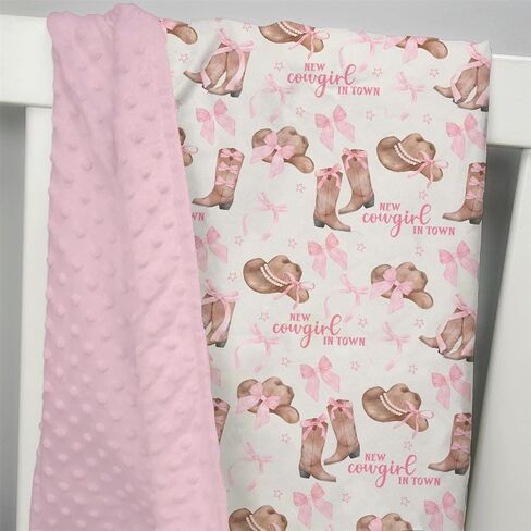 Mink Baby Girl Blanket Western New Cowgirl in Town, Pink Bow Ribbon Boot Hat Soft Double Layer Dotted Backing Receiving Swaddle, Newborn Infant Toddler Nursery Crib Bedding Shower Gift 30 x 40 in Kuwait