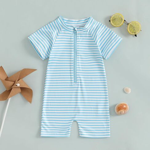 Fanvereka Toddler Infant Baby Boys Summer Rash Guard Swimsuit Shirt Bodysuit Short Sleeve Zipper Jumpsuit Swimwear in Kuwait