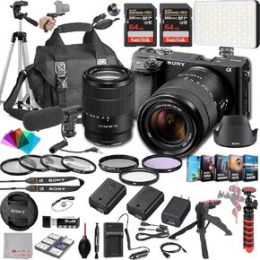 كاميرا Sony A6400 بدون مرآة مع عدسة 18-135 ملم ، ذاكرة Extreem 128 جيجابايت ، ميكروفون ، 120 مقطع فيديو ، ترايبود ، مرشحات ، غطاء محرك السيارة ، قبضة ، بطارية احتياطية وشاحن ، تحرير مجموعة برامج -حزمة deluxe