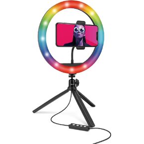 Bower 10" RGB Ring Light with Tripod, Phone Holder, Remote & USB Power – 9 Colors, 12 Brightness Levels
