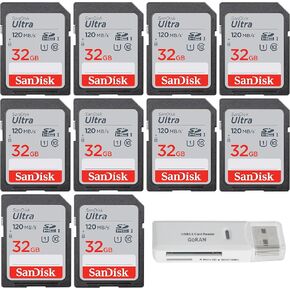 SanDisk 32GB Ultra SDHC UHS-I Class 10 Camera Card 120MB/s U1, Full HD, SD. C10 SDSDUN4-032G (10 Pack) Bundle with (1) GoRAM USB 3.0 Reader (32GB)