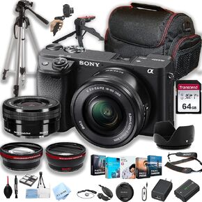 Sony a6400 Mirrorless Camera with 16-50mm Lens + 64GB Memory + Case+ Steady Grip Pod + Tripod+ Macro + 2X Lens + Software Pack + More (34pc Bundle) (Renewed)