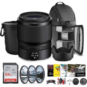 Nikon NIKKOR Z 35mm f/1.4 Lens (Nikon Z) (20126) + Sling Backpack + Photo Software + 64GB Memory Card + Lens Filter Kit + Tripod + Cleaning Kit + Hand Strap + Lens Pouch + More (Renewed)